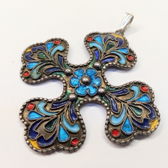 Art Deco 100% Pure Silver Enameled Cross Pendant Marked 1000 - Picture 2 of 7